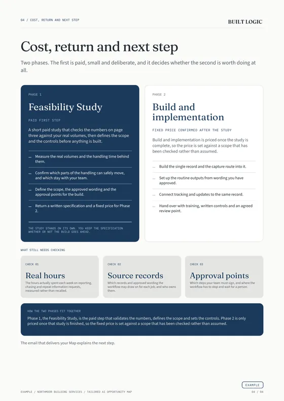 Example Map page four: cost, return and next step.